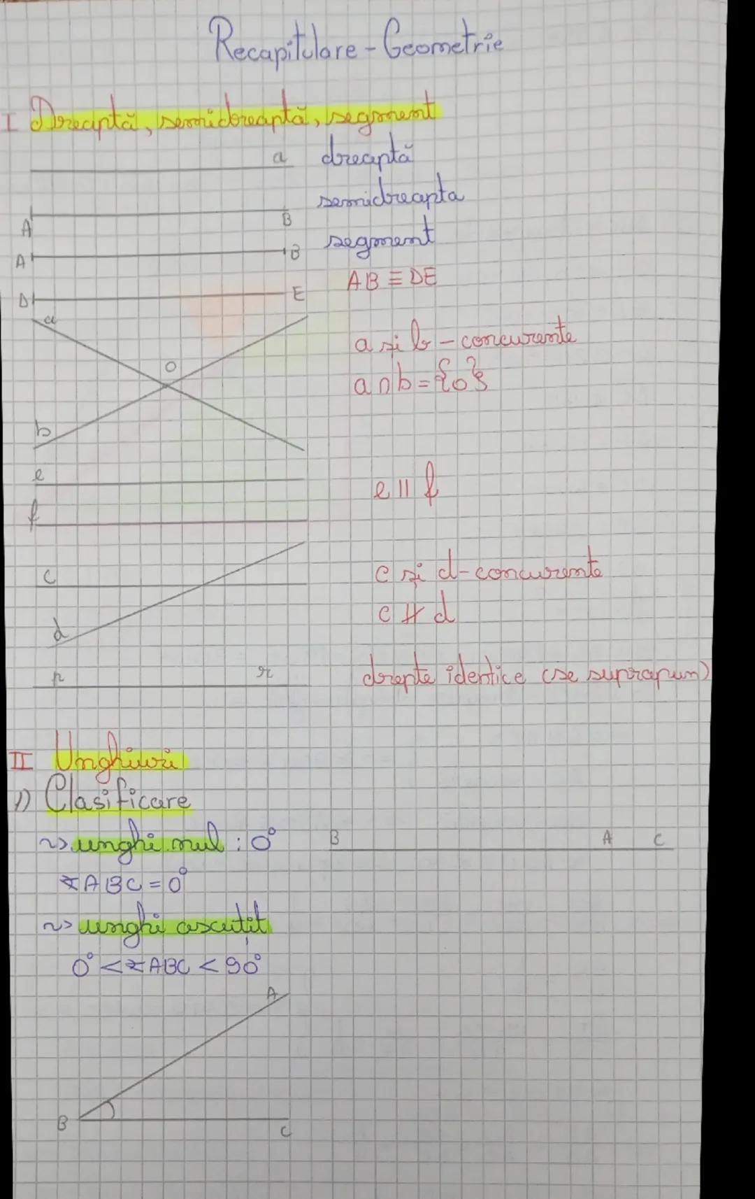 Recapitulare - Geometrie
I Dreaptă, semicdreaptă, segment
dreaptă
semicdreaptă
segment
AB = DE
a si b - concurente
anb = $
\angle$o's
e || f
