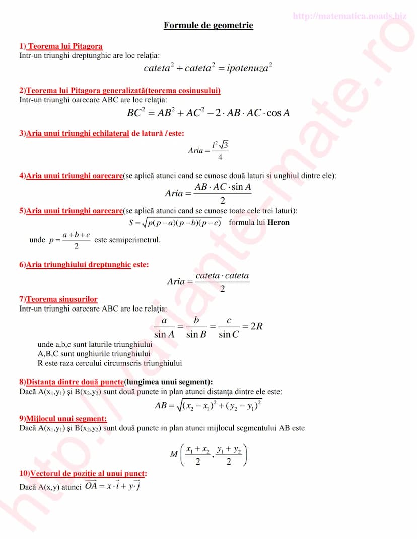 http://matematica.noads.biz
Formule de geometrie
1) Teorema lui Pitagora
Intr-un triunghi dreptunghic are loc relația:
cateta^{2}+cateta^{2}