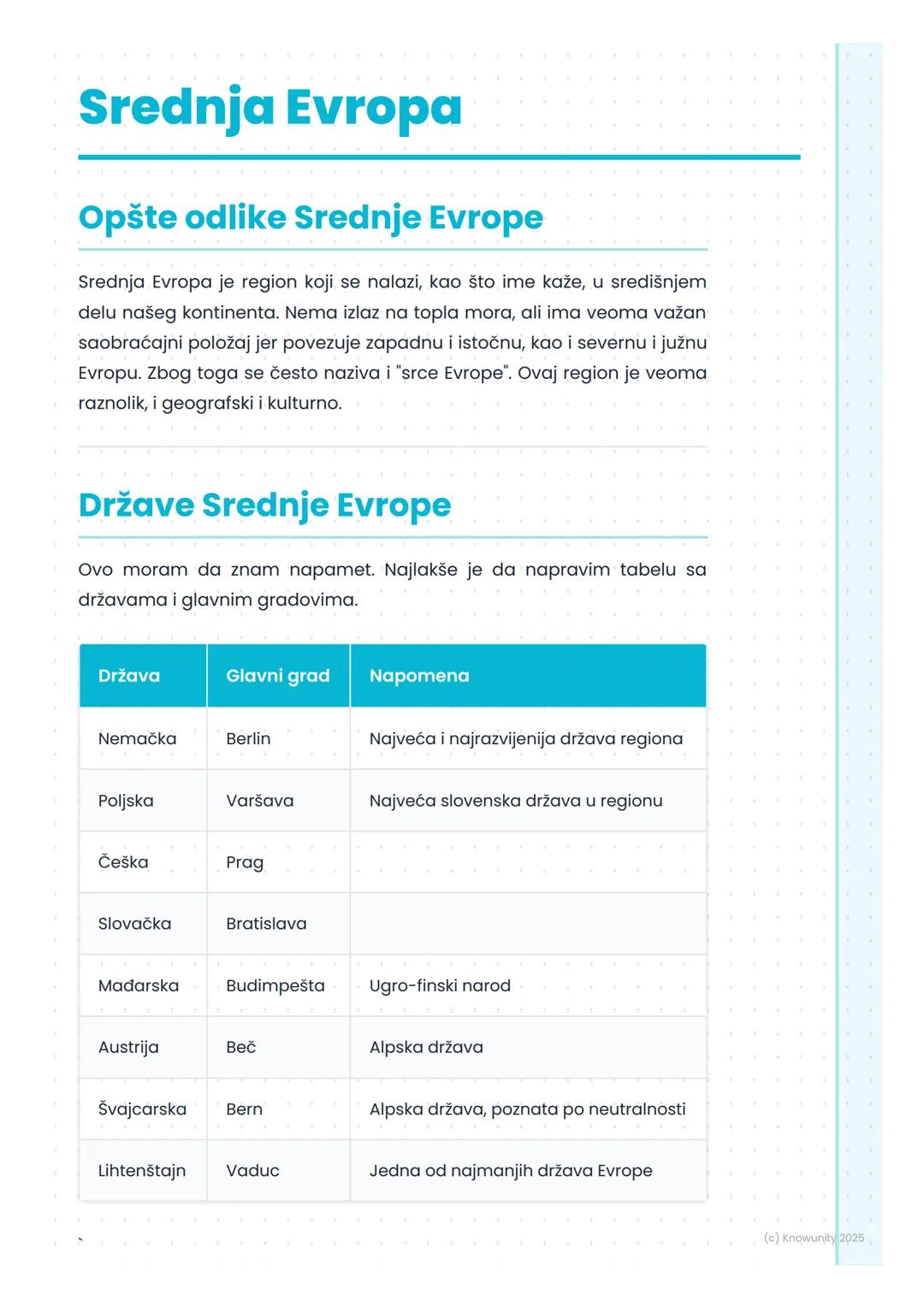 # Srednja Evropa

## Opšte odlike Srednje Evrope

Srednja Evropa je region koji se nalazi, kao što ime kaže, u središnjem
delu našeg kontine