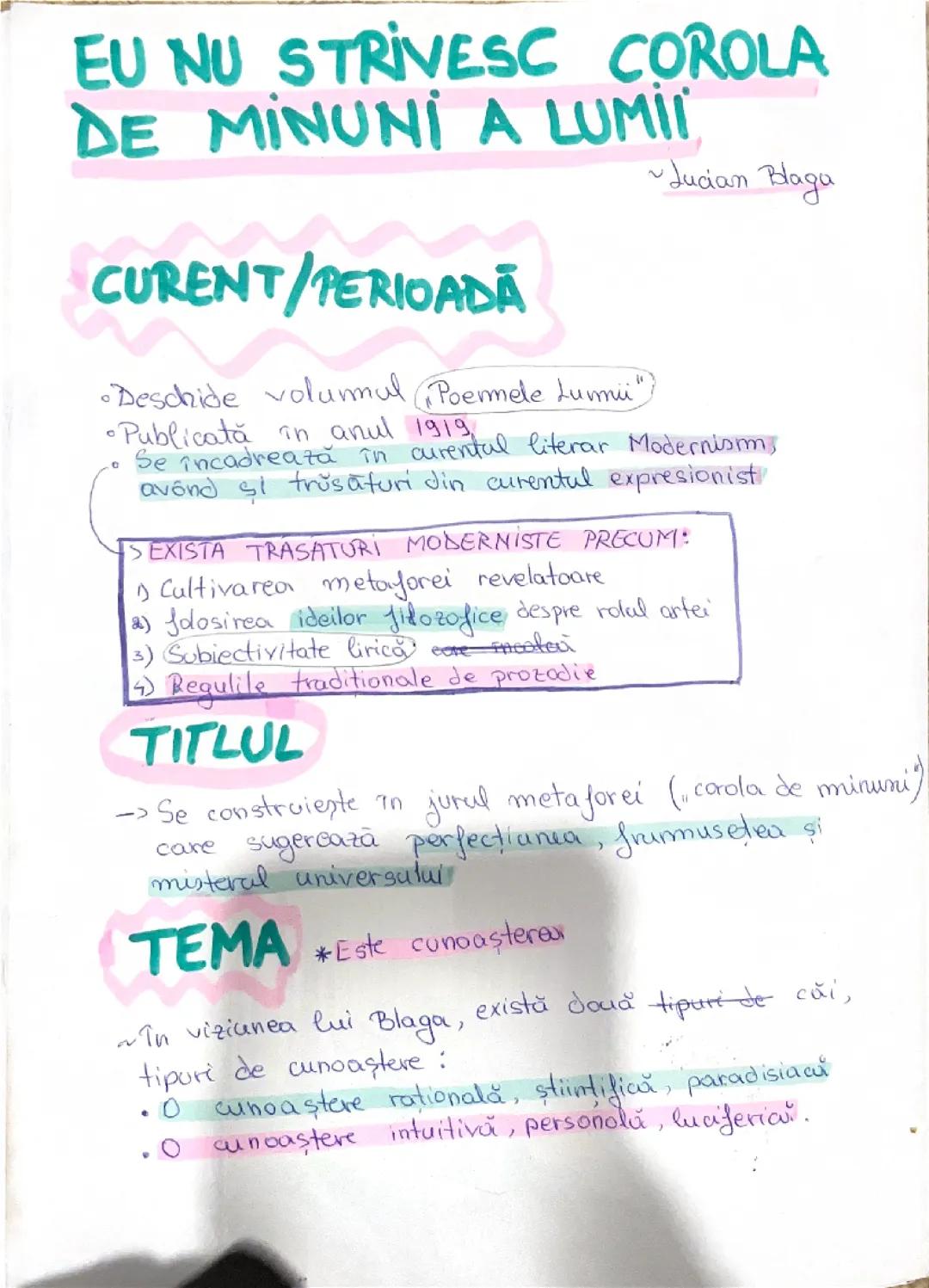 Eseu Bac despre 'Eu nu strivesc corola de minuni a lumii' de Lucian Blaga