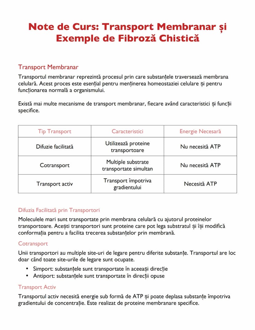 # Note de Curs: Transport Membranar și
# Exemple de Fibroză Chistică

Transport Membranar
Transportul membranar reprezintă procesul prin car