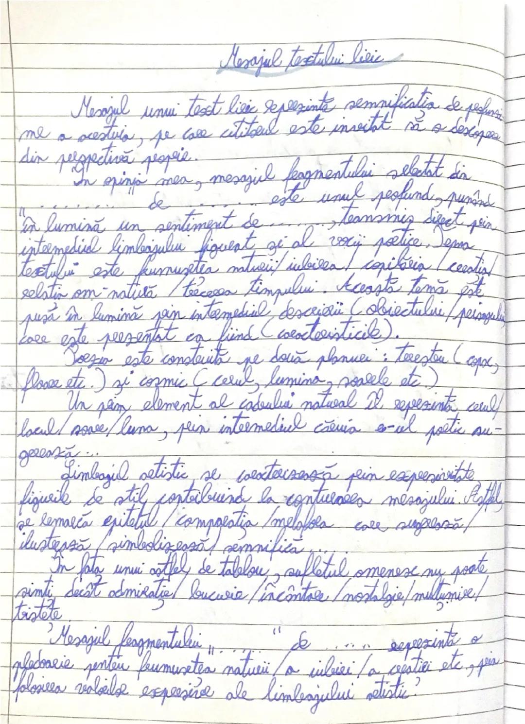 --- OCR Start ---
Mesajul textului liric

Mesajul unui text liric reprezintă semnificația de profunzime a acestuia, pe care cititorul este i