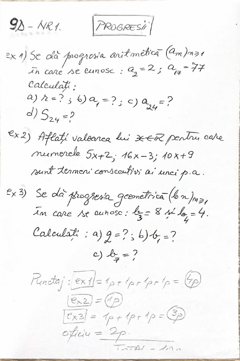 # 9D - NR1.

# PROGRESII

ex 1) Se da progresia aritmetică ($a_m)_{m≥1}$
în care se cunosc: $a_2 = 2$; $a_{17} = 77$

Calculati:
a) $r = ?$;