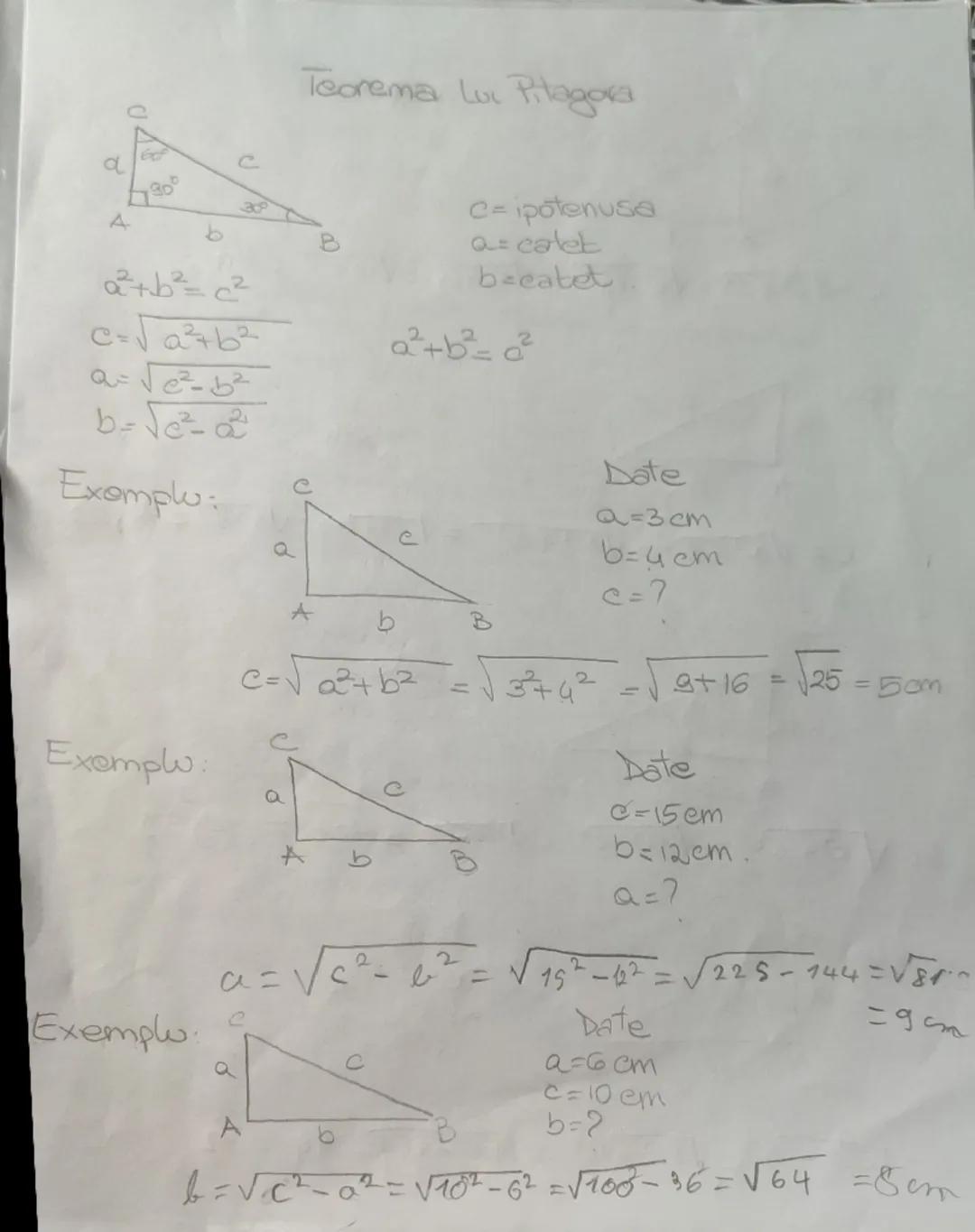 --- OCR Start ---
Exemplu
Date
C
a=6~cm
a
b=8~cm
c=7
A
b
B
$C=\sqrt{a^{2}+l^{2}}=\sqrt{6^{2}+8^{2}}=\sqrt{36+64}=\sqrt{100}=10$
e
Exemplu:
e