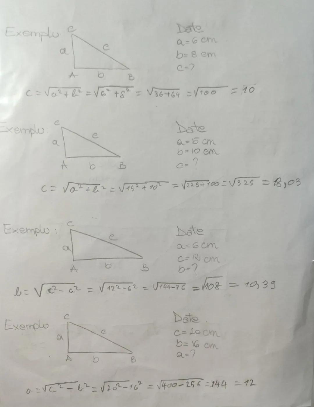 --- OCR Start ---
Exemplu
Date
C
a=6~cm
a
b=8~cm
c=7
A
b
B
$C=\sqrt{a^{2}+l^{2}}=\sqrt{6^{2}+8^{2}}=\sqrt{36+64}=\sqrt{100}=10$
e
Exemplu:
e