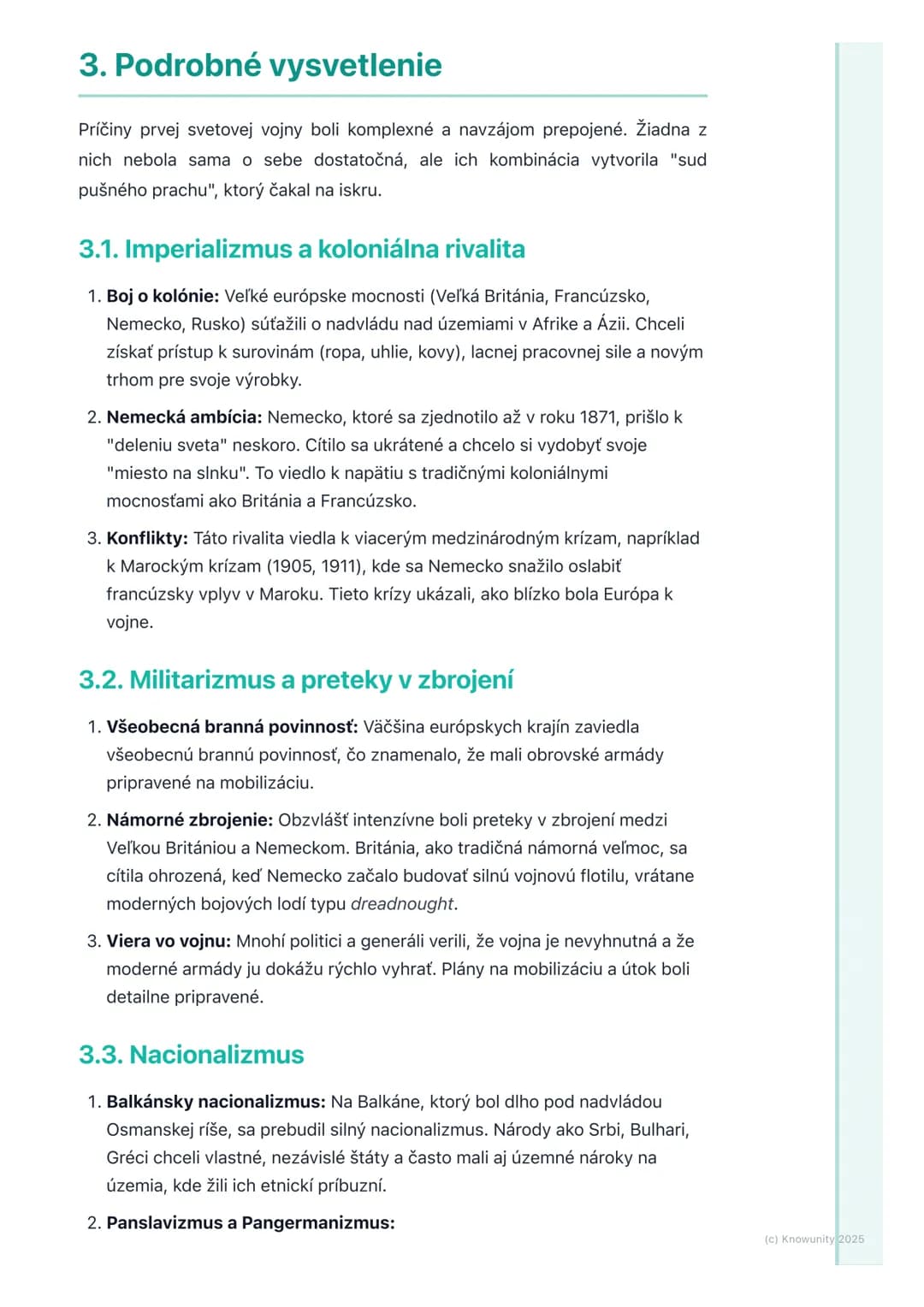 # Príčiny a predpoklady vojny

## 1. Úvod do témy

Prvá svetová vojna, ktorá začala v roku 1914, nebola náhodná udalosť. Bola to
výsledok dl