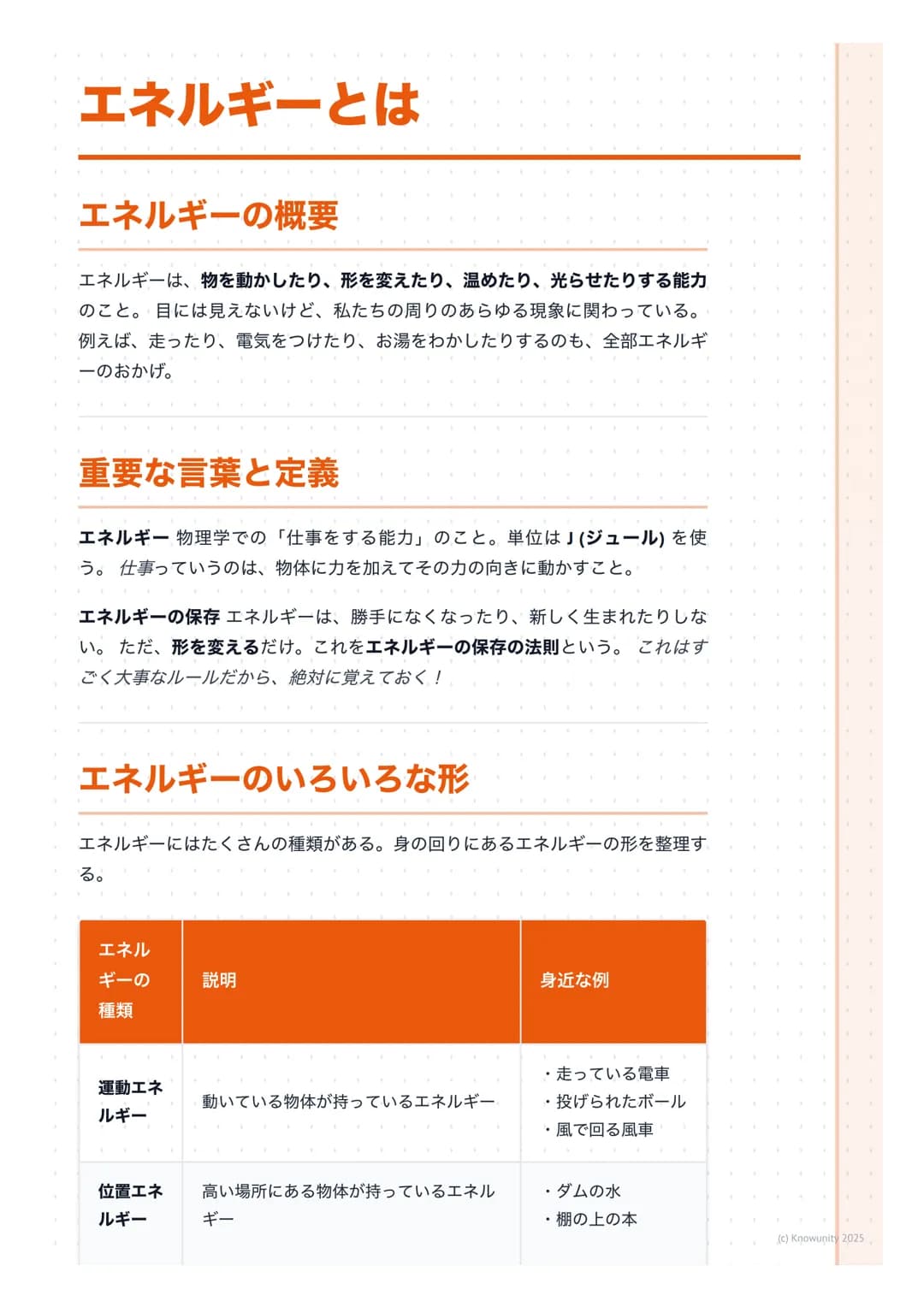 # エネルギーとは

## エネルギーの概要

エネルギーは、物を動かしたり、形を変えたり、温めたり、光らせたりする能力
のこと。目には見えないけど、私たちの周りのあらゆる現象に関わっている。
例えば、走ったり、電気をつけたり、お湯をわかしたりするのも、全部エネルギ
一のおかげ。