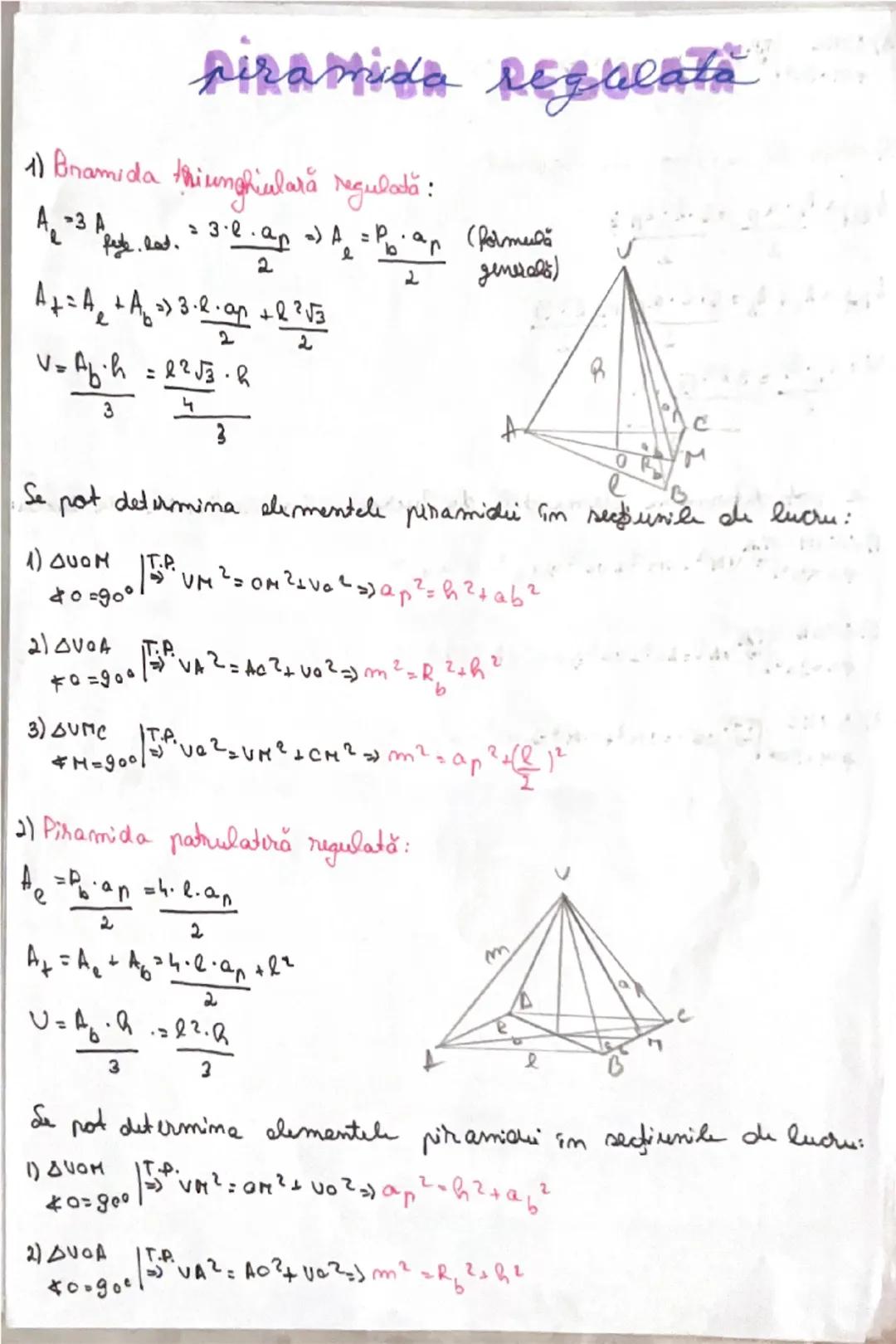 Piramida Regulata
1) Piramida triunghiulara regulată:
$A_e = 3 A_{fată} = 3 \frac{l.a_n}{2} \implies A_e = \frac{P_b.a_n}{2}$ (Formula
gener