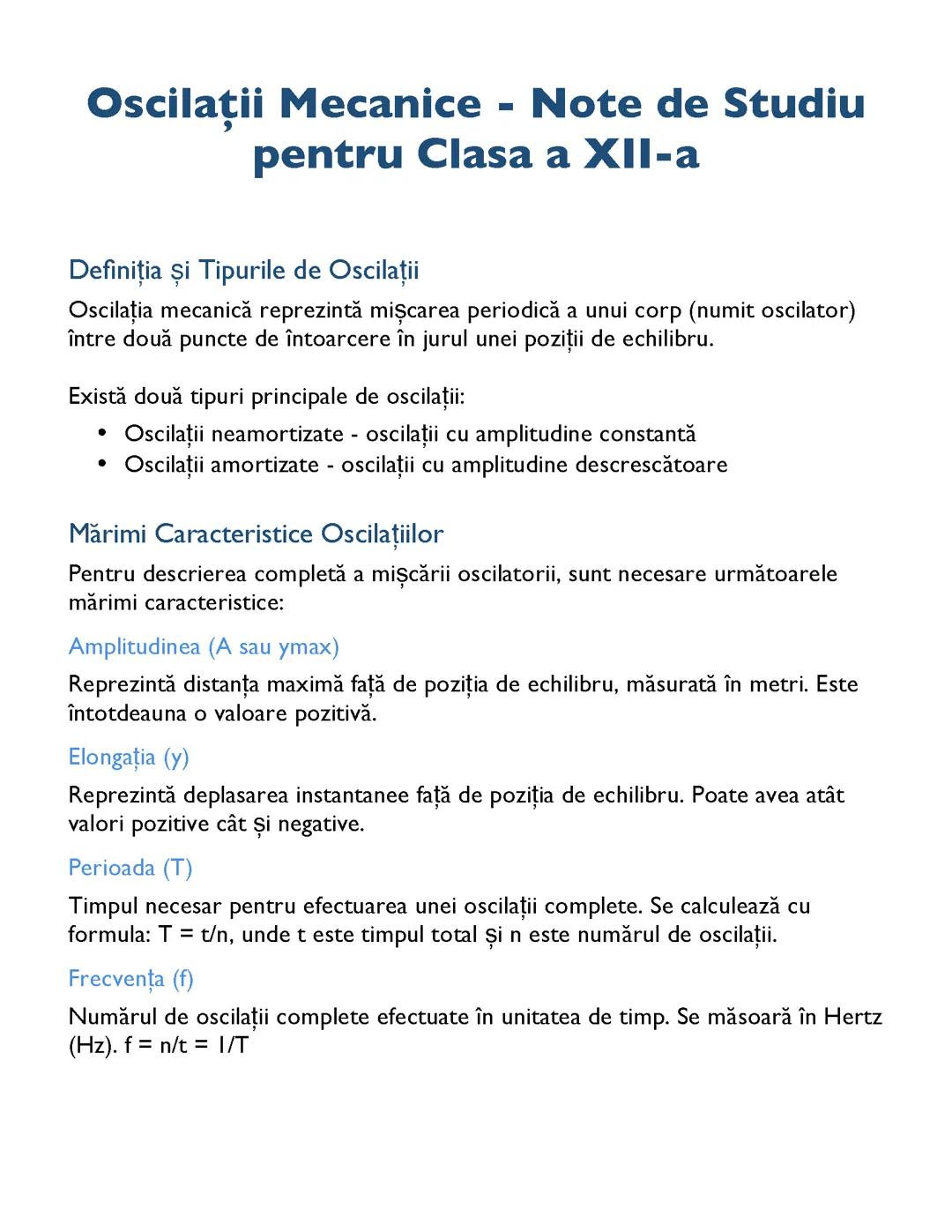 Oscilații Mecanice - Note de Studiu pentru Clasa a XII-a