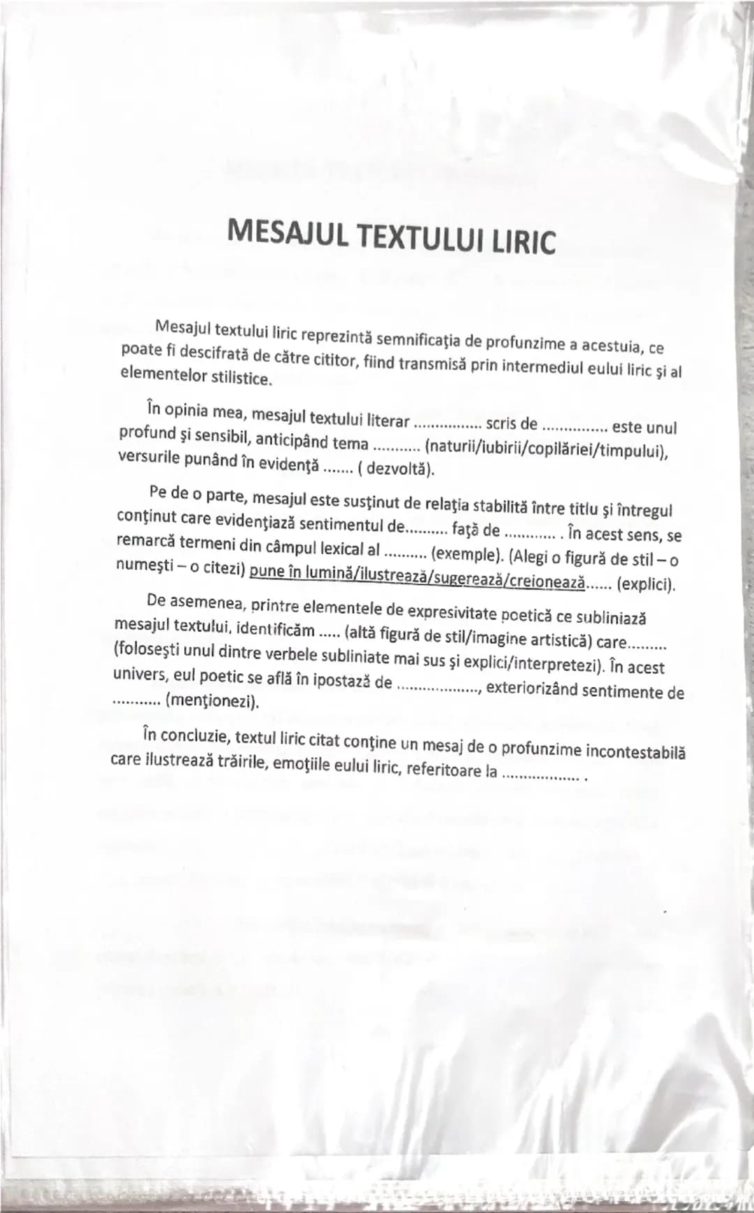 --- OCR Start ---
MESAJUL TEXTULUI LIRIC
Mesajul textului liric reprezintă semnificaţia de profunzime a acestuia, ce
poate fi descifrată de 