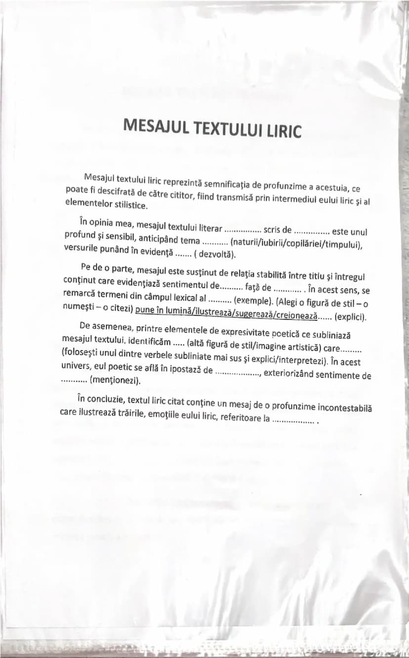 --- OCR Start ---
MESAJUL TEXTULUI LIRIC
Mesajul textului liric reprezintă semnificaţia de profunzime a acestuia, ce
poate fi descifrată de 