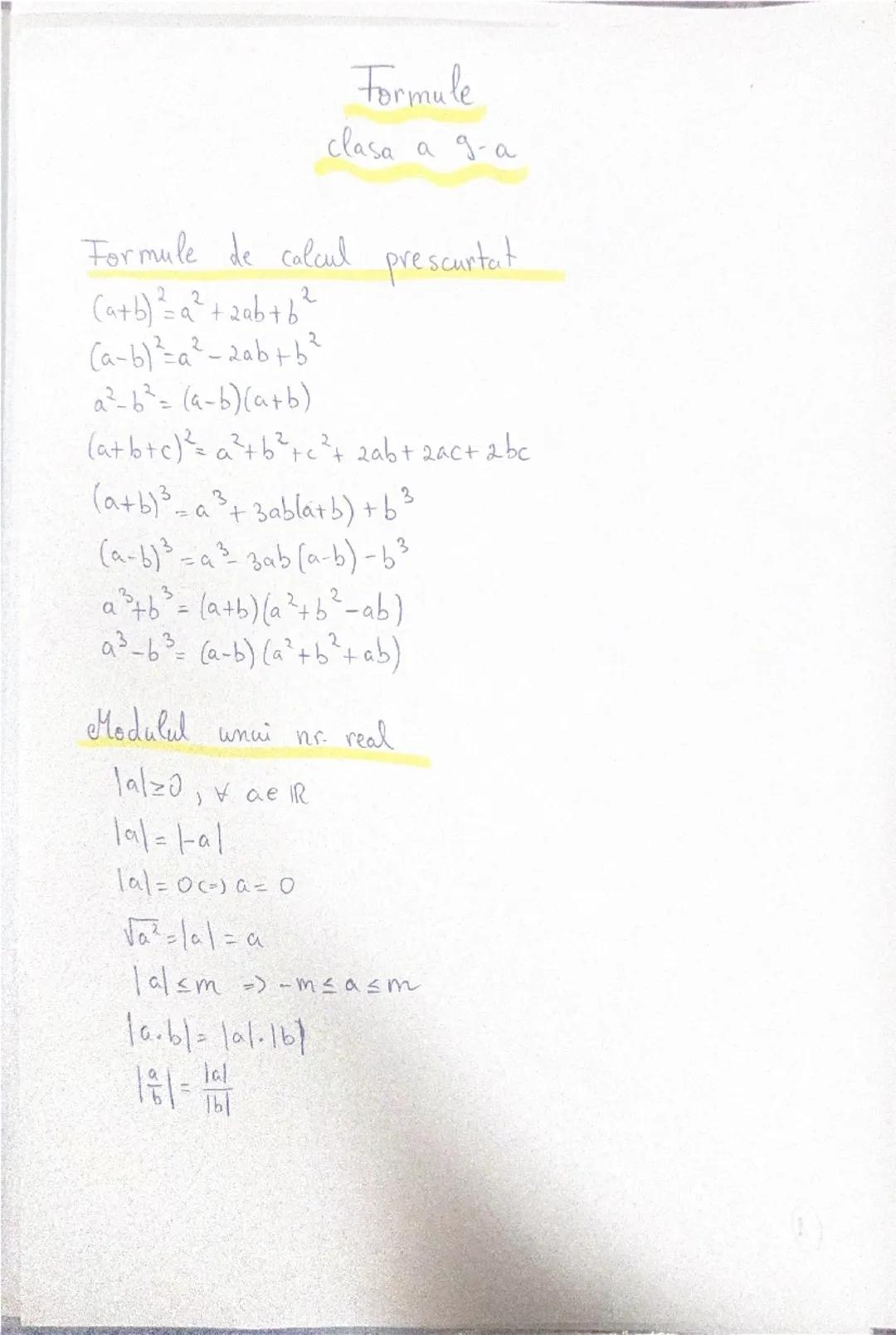 # Formule
clasa a 9-a

# Formule de calcul prescurtat
$(a+b)^{2}=a^{2}+2ab+b^{2}$
$(a-b)^{2}=a^{2}-2ab+b^{2}$
$a^{2}-b^{2}=(a-b)(a+b)$
$(a+b