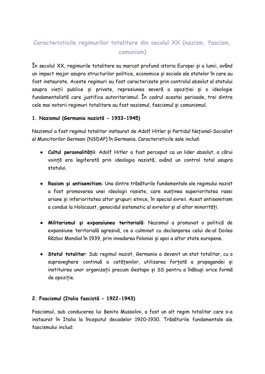 # Caracteristicile regimurilor totalitare din secolul XX (nazism, fascism,
comunism)

În secolul XX, regimurile totalitare au marcat profund