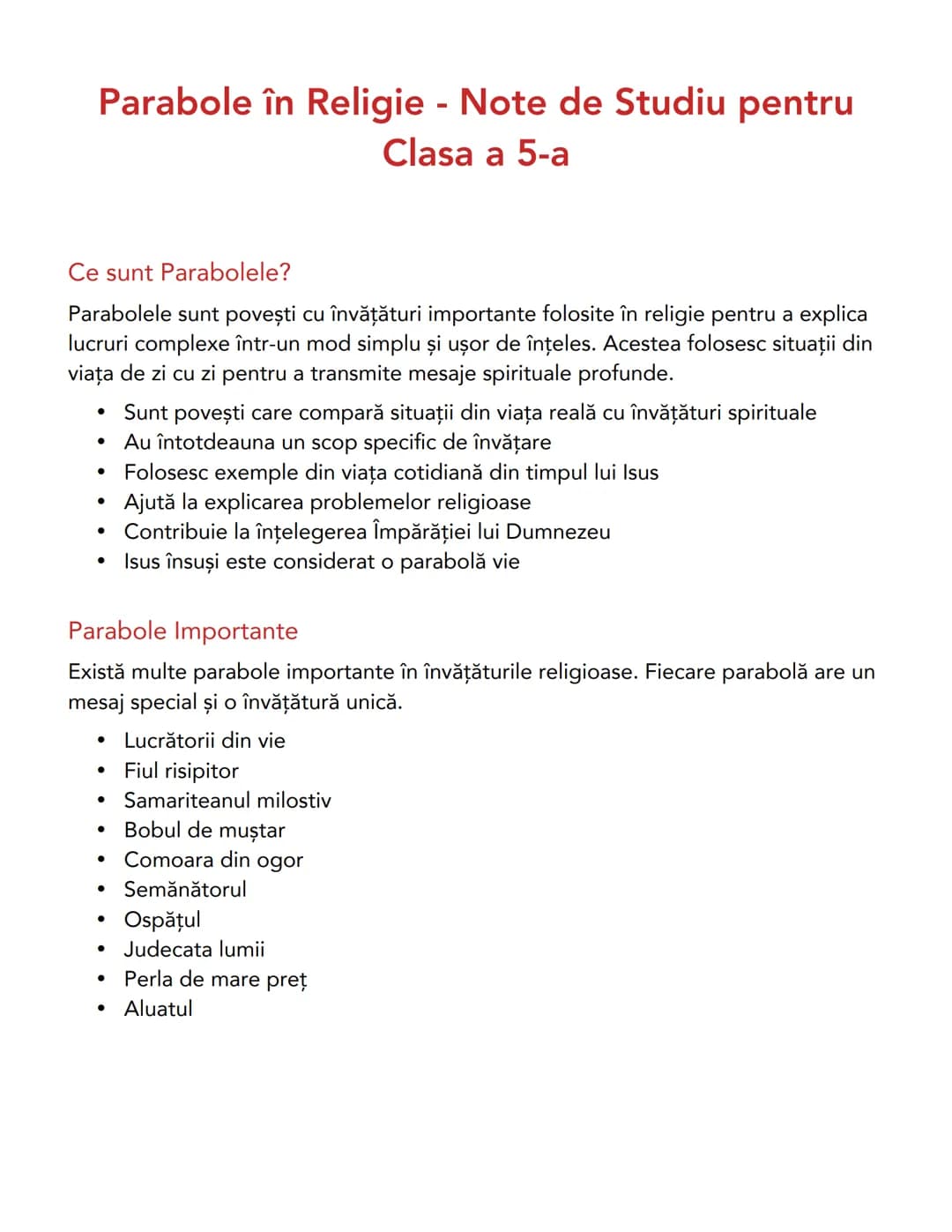 --- OCR Start ---
Parabole în Religie - Note de Studiu pentru
Clasa a 5-a
Ce sunt Parabolele?
Parabolele sunt povești cu învăţături importan