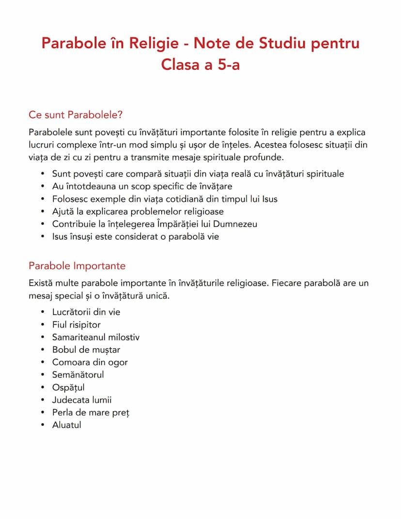--- OCR Start ---
Parabole în Religie - Note de Studiu pentru
Clasa a 5-a
Ce sunt Parabolele?
Parabolele sunt povești cu învăţături importan