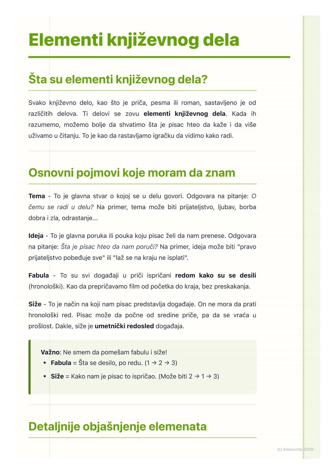 # Elementi književnog dela

## Šta su elementi književnog dela?

Svako književno delo, kao što je priča, pesma ili roman, sastavljeno je od
