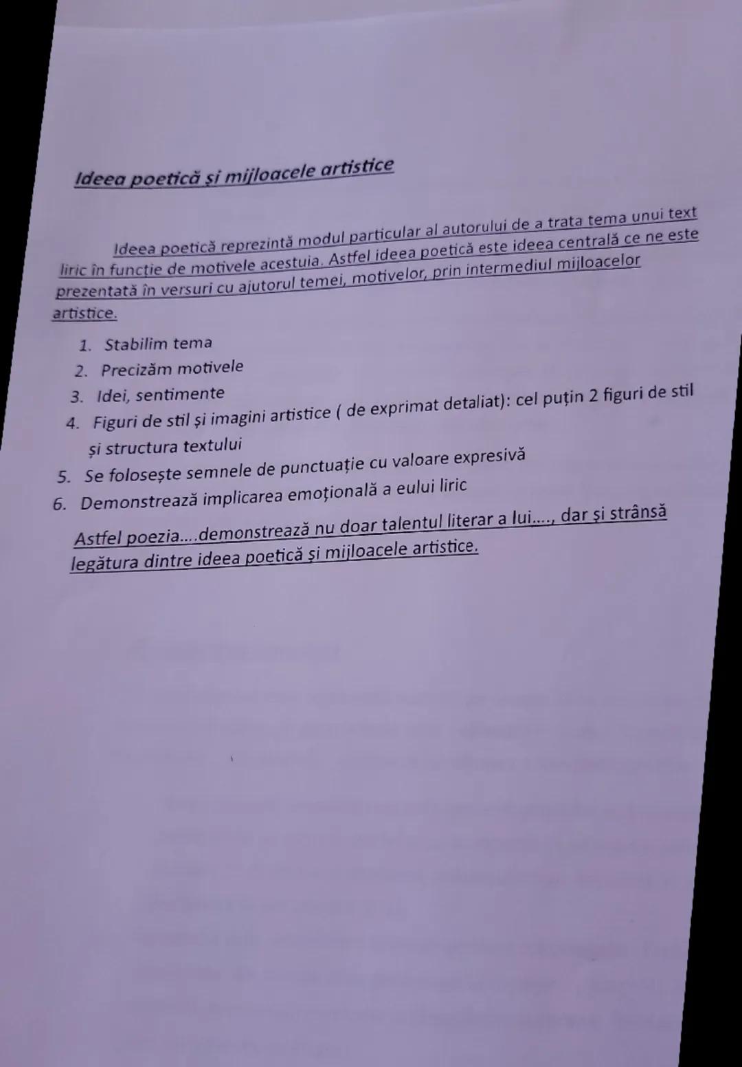 # Ideea poetică şi mijloacele artistice

Ideea poetică reprezintă modul particular al autorului de a trata tema unui text
liric în funcție d
