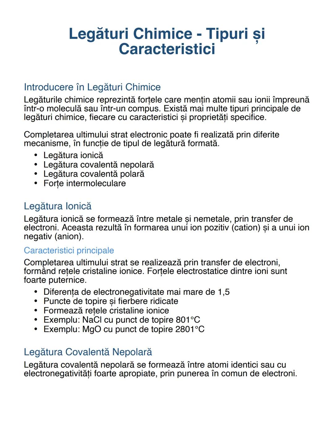 --- OCR Start ---
Legături Chimice - Tipuri și
Caracteristici
Introducere în Legături Chimice
Legăturile chimice reprezintă forțele care men