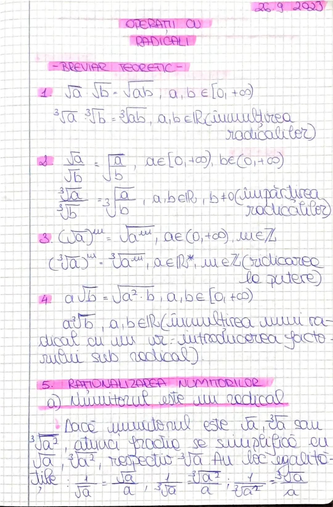 --- OCR Start ---
26.9 2023
OPERATII CU
RADICALI
-BREVIAR TEORETIC-
1. $\sqrt{a}\sqrt{b}=\sqrt{ab}$, $a,b\in[0,+\infty)$
$\sqrt[3]{a}\sqrt[3