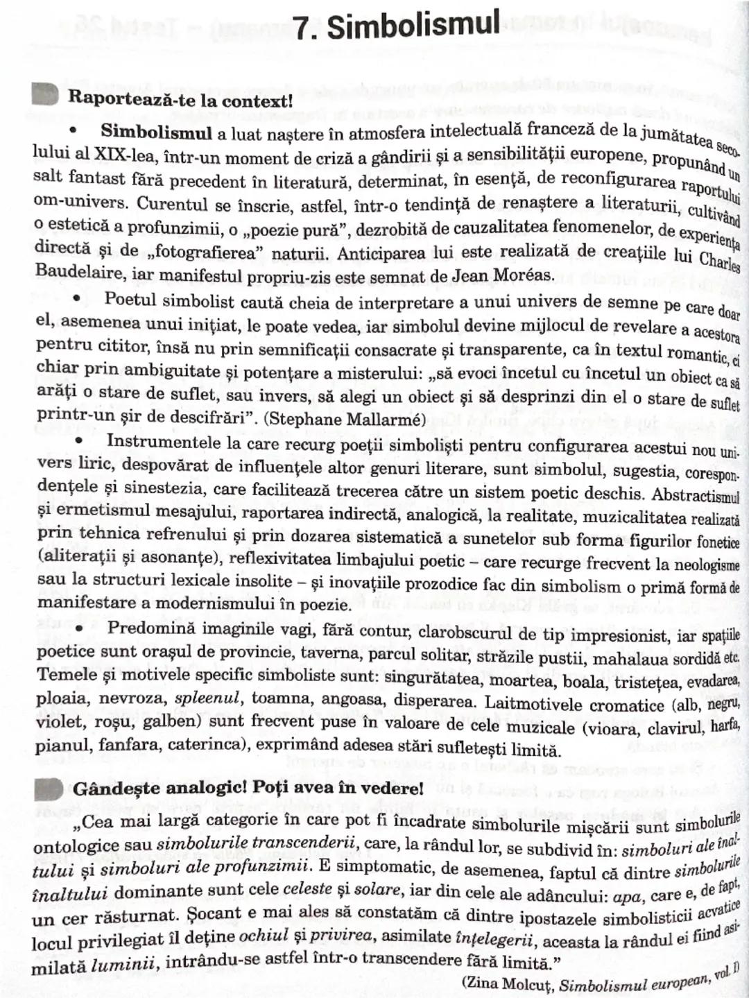 # 7. Simbolismul

Raportează-te la context!

*   Simbolismul a luat naştere în atmosfera intelectuală franceză de la jumătatea seco-
lului a