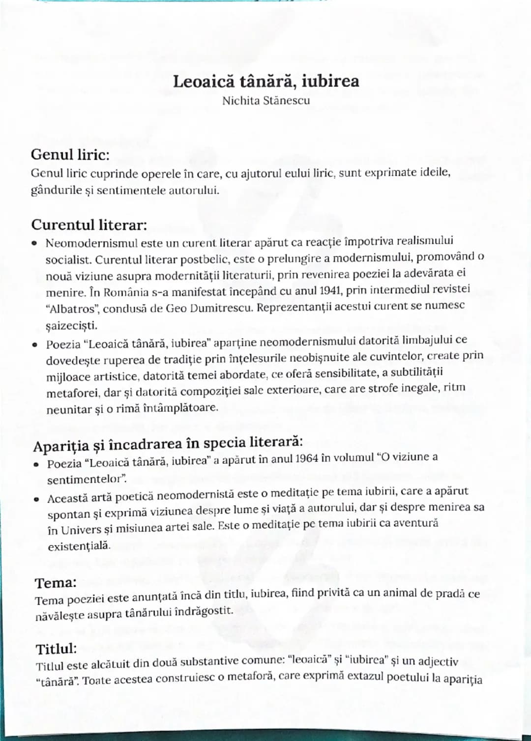 --- OCR Start ---
Leoaică tânără, iubirea
Nichita Stănescu
Genul liric:
Genul liric cuprinde operele în care, cu ajutorul eului liric, sunt 