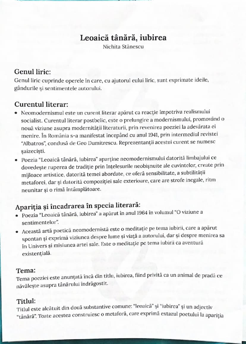 --- OCR Start ---
Leoaică tânără, iubirea
Nichita Stănescu
Genul liric:
Genul liric cuprinde operele în care, cu ajutorul eului liric, sunt 