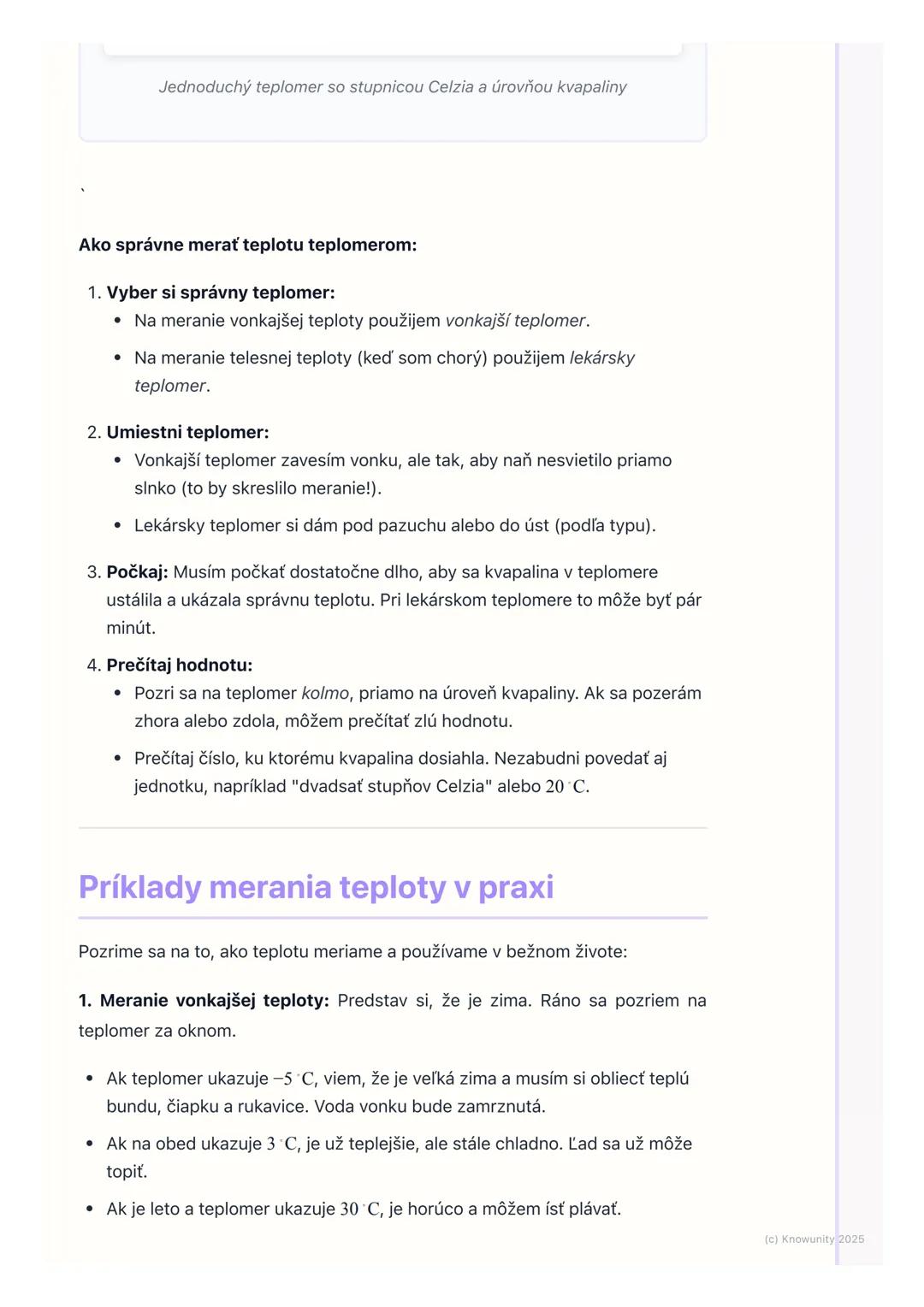 # Teplota a jej meranie

## Čo je teplota a prečo ju meriame

Teplota je to, ako veľmi je niečo horúce alebo studené. Je to dôležitá vlastno