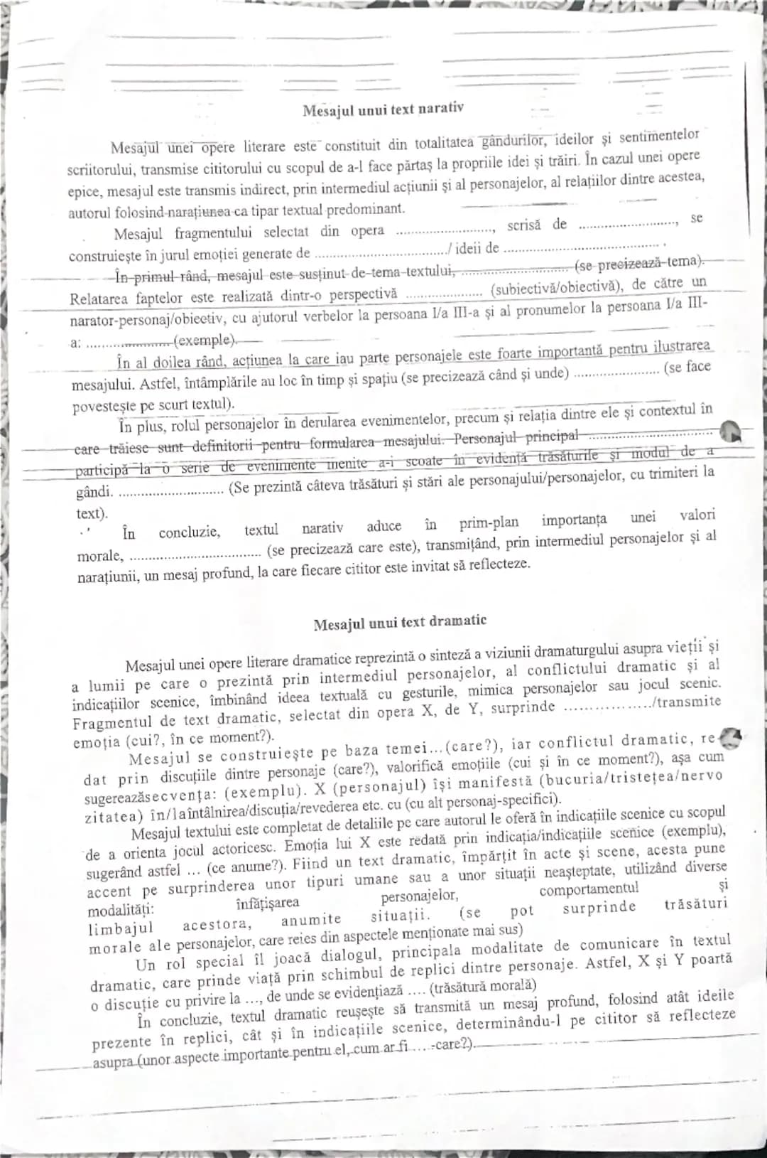 --- OCR Start ---
Mesajul unui text narativ
Mesajul unei opere literare este constituit din totalitatea gândurilor, ideilor şi sentimentelor