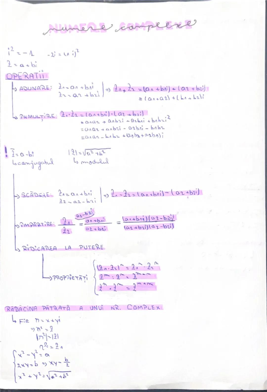 # numere complexe

12=-1 -2i= (i)²

2=a+bi

OPERATI

ADUNARE: $\substack{2_1=a_1+b_1i \ 2_2=a_2+b_2i}$ $\Rightarrow$ $2_1+2_2 = (a_1+b_1i) +