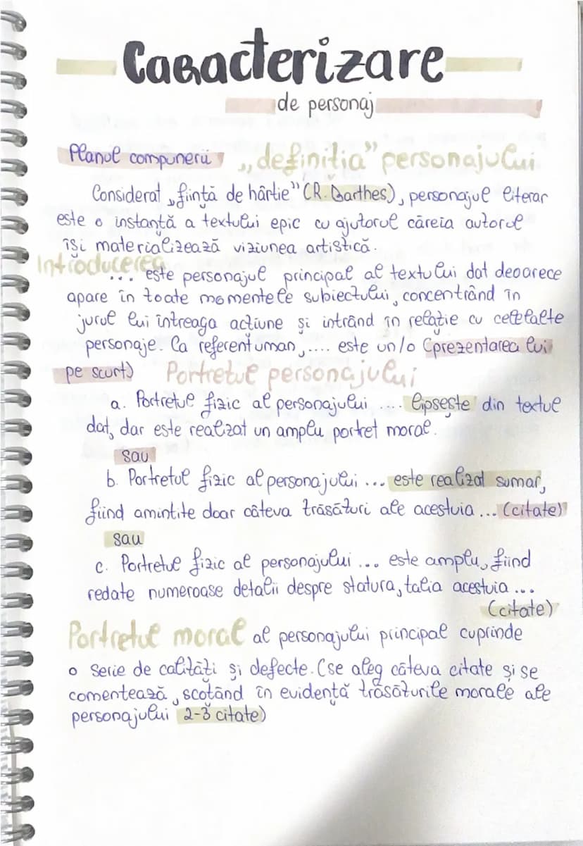 --- OCR Start ---
Caracterizare
de personaj
Planul compuneri, definitia" personajului.
Considerat fiinţă de hârtie" (R. Barthes), personajul