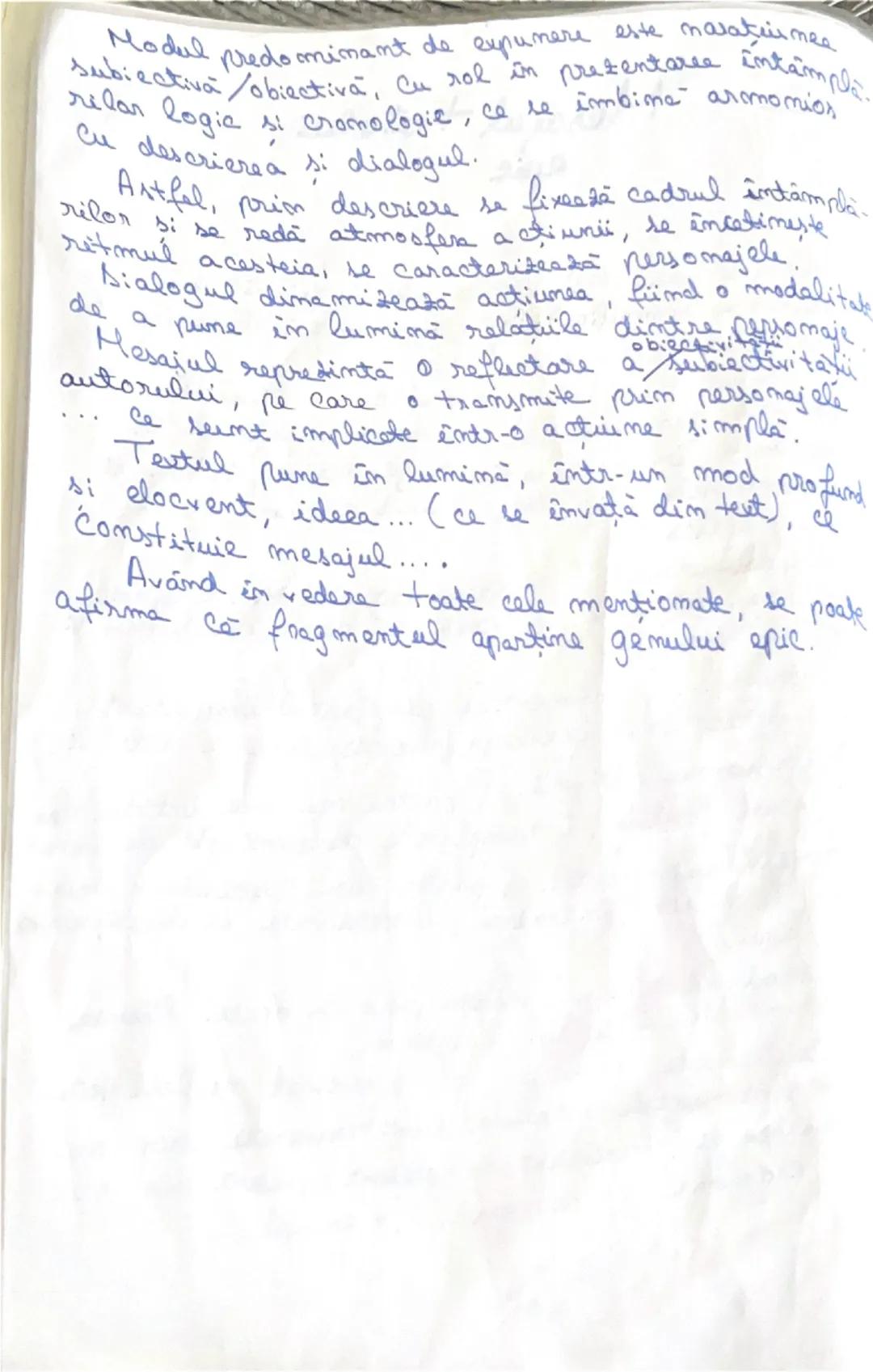 --- OCR Start ---
Mesajul textului
epic
Mesajul unui text literar este construit din
Totalitatea semnificatiilor care sunt incluse in
ansamb