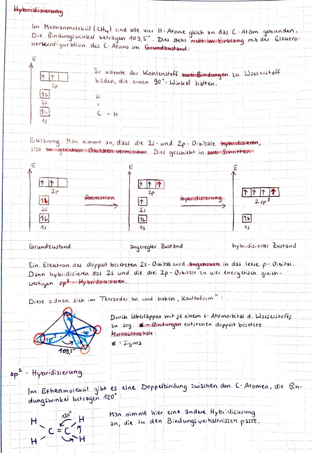 ## Hybridisierung

Im Methanmolekül (CHy) sind alle vier H-Atome gleich an das C-Atom gebunden.
Die Bindungswinkel betragen 109,5°. Dies ste