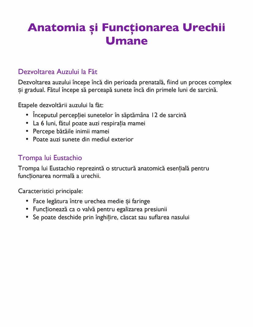 # Anatomia și Funcționarea Urechii
Umane

# Dezvoltarea Auzului la Făt
Dezvoltarea auzului începe încă din perioada prenatală, fiind un proc