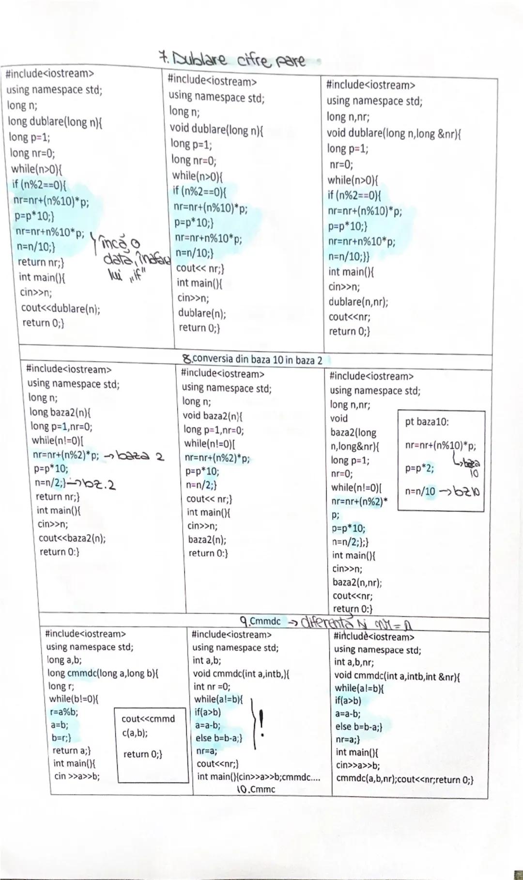 Algoritmi fundamentali

1.returnare

2.afisare

#include<iostream>
using namespace std;
int n;
int suma_cif(int x){
int S;
S=0;
While(x>0){
