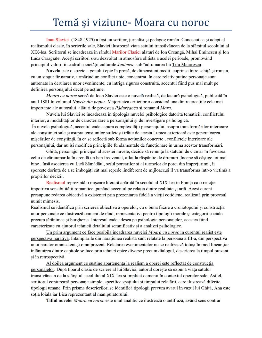 Analiza temei și viziunii în Moara cu Noroc de Ioan Slavici