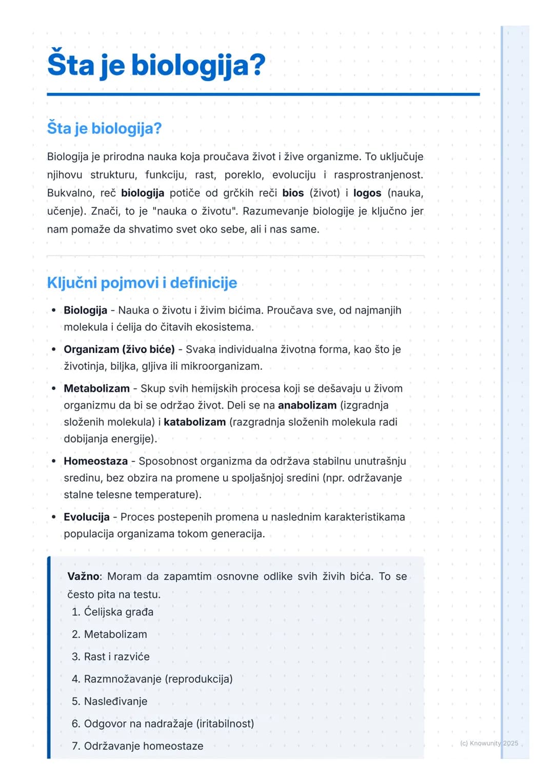 # Šta je biologija?

Šta je biologija?

Biologija je prirodna nauka koja proučava život i žive organizme. To uključuje
njihovu strukturu, fu