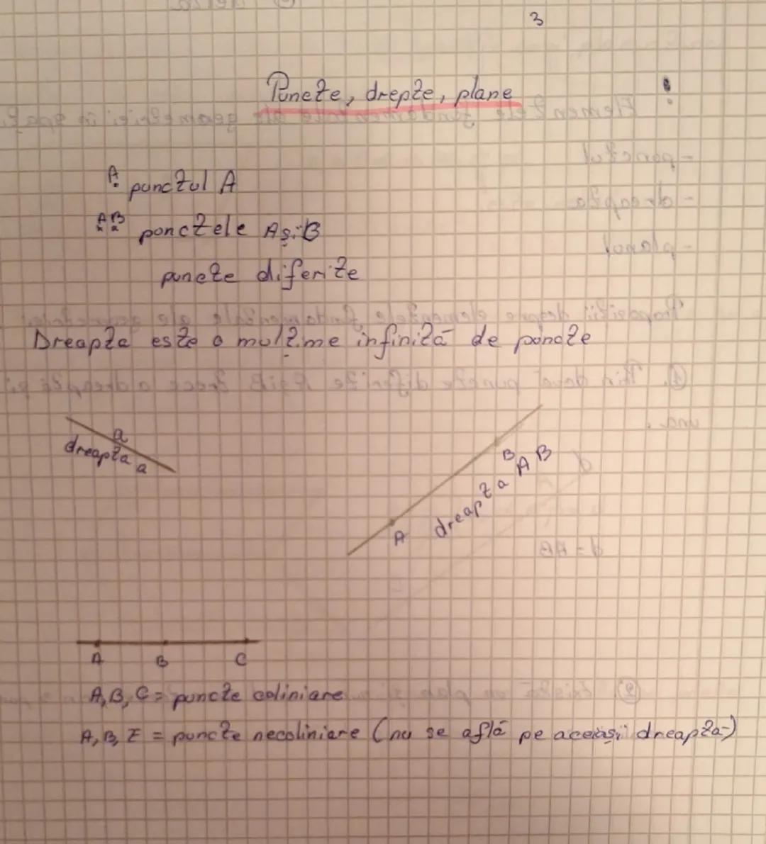 --- OCR Start ---
3
Pa punctul A
Punete, drepte, plane
ponczele A_{S}·B
puncte diferite
Dreapta este o mulzime infiniza de ponože
a
dreapta 