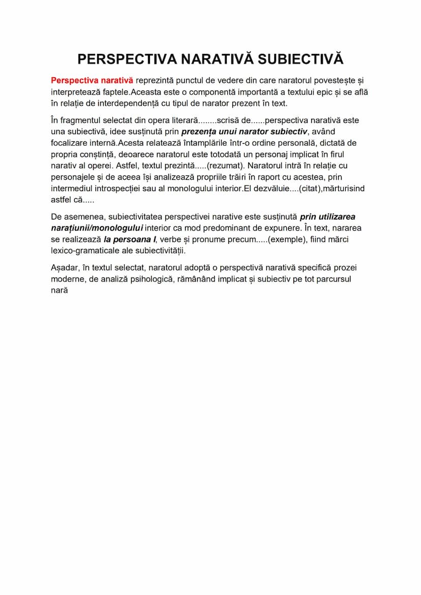 --- OCR Start ---
PERSPECTIVA NARATIVĂ SUBIECTIVĂ
Perspectiva narativă reprezintă punctul de vedere din care naratorul povesteşte şi
interpr