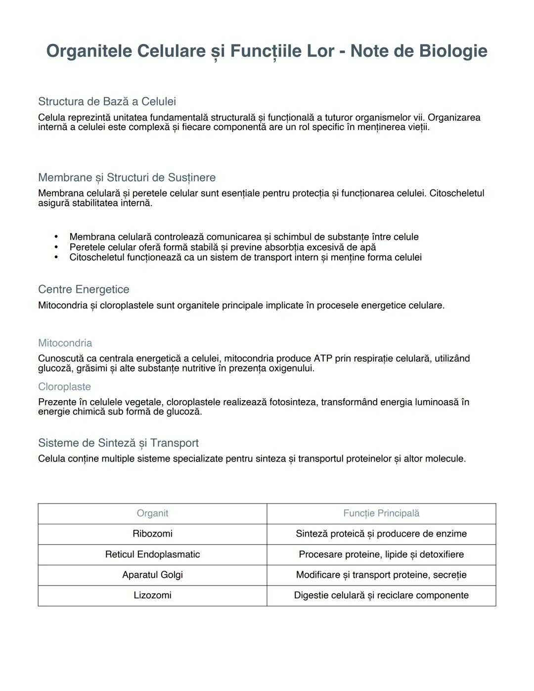 Organitele Celulare și Funcțiile Lor - Note de Biologie