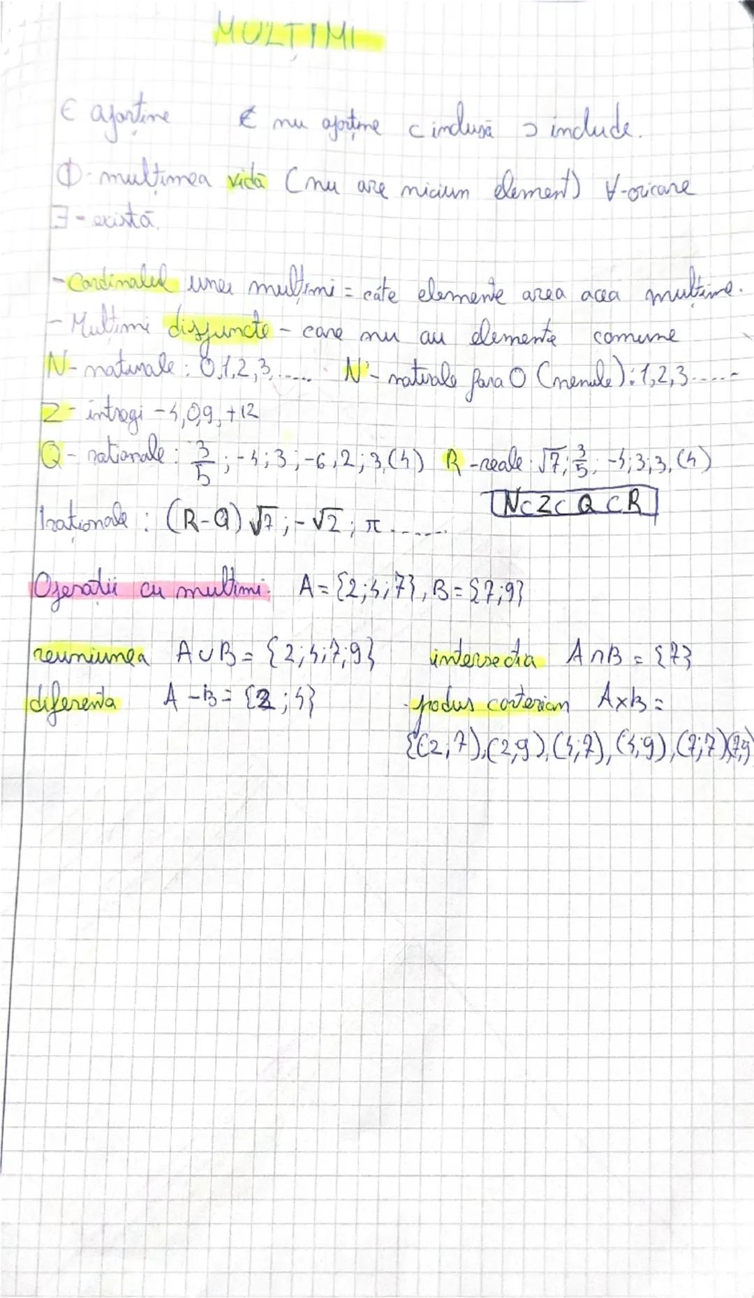 ## MULTIMI

∈ apartine
∉ nu apartine
⊂ inclusa ⊃ include.
∅: multimea vida (nu are niciun element) ∀-oricare
∃ - exista.

-Cardinalul unei m