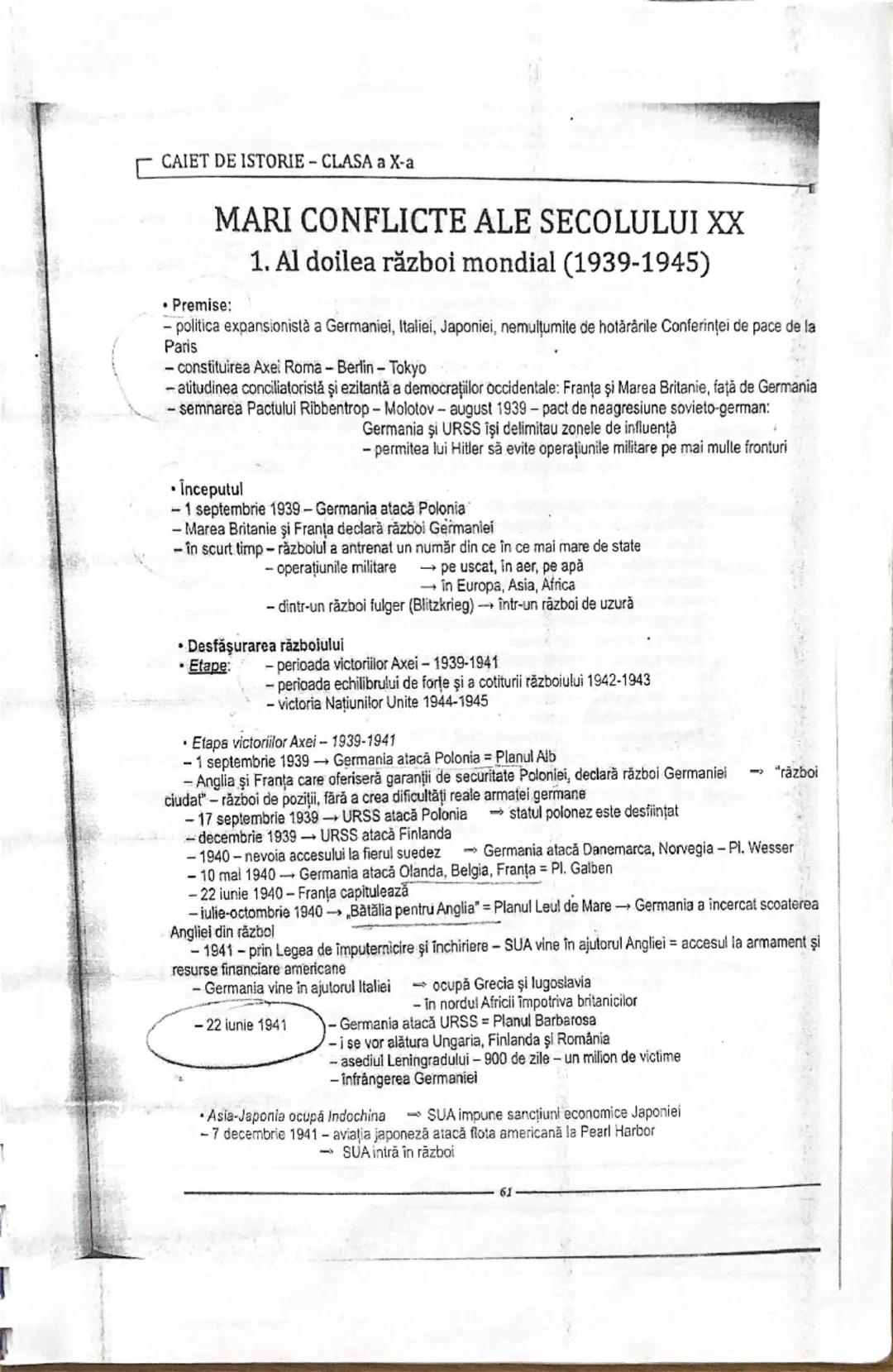 CAIET DE ISTORIE - CLASA a X-a

# MARI CONFLICTE ALE SECOLULUI XX

## 1. Al doilea război mondial (1939-1945)

- Premise:
  - politica expan