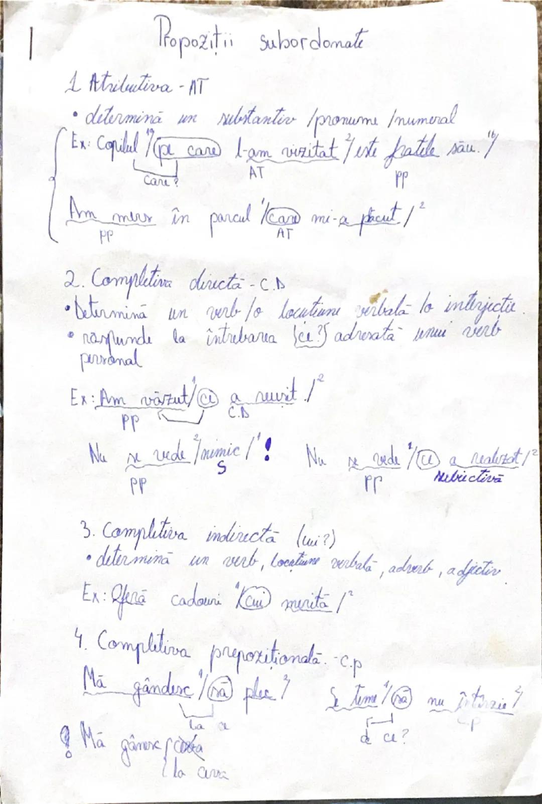 # Propoziții subordonate

1 Atrilutiva -AT

• determină un substantiv /pronume /numeral

"Ex: Copilul pe care l-am vizitat / este pratile sa