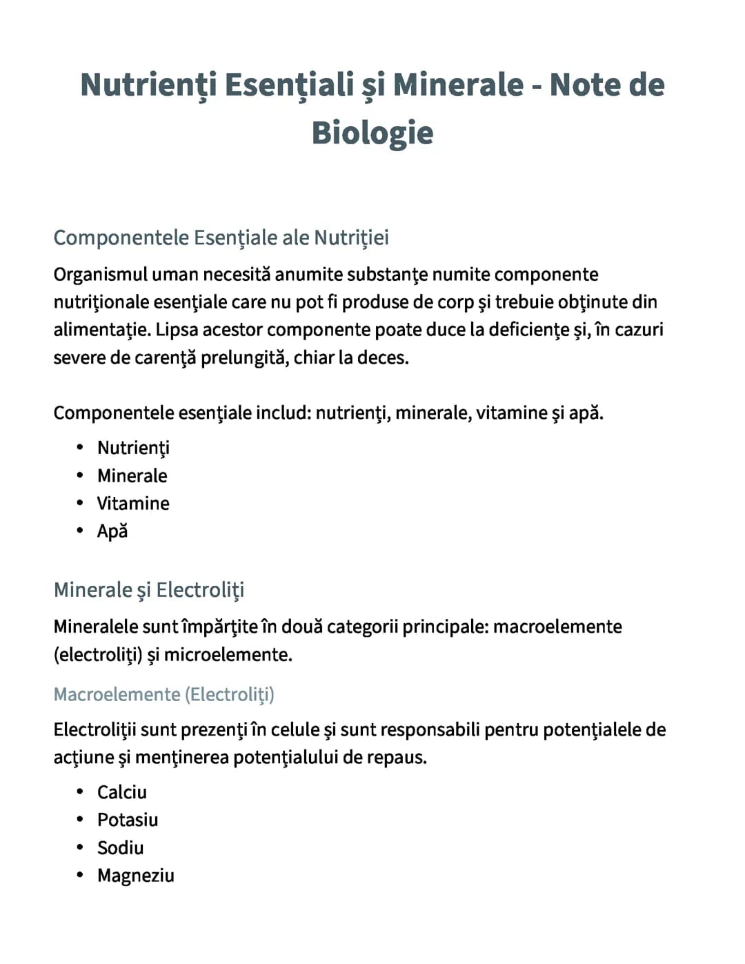 Nutrienți Esențiali și Minerale - Note de Biologie