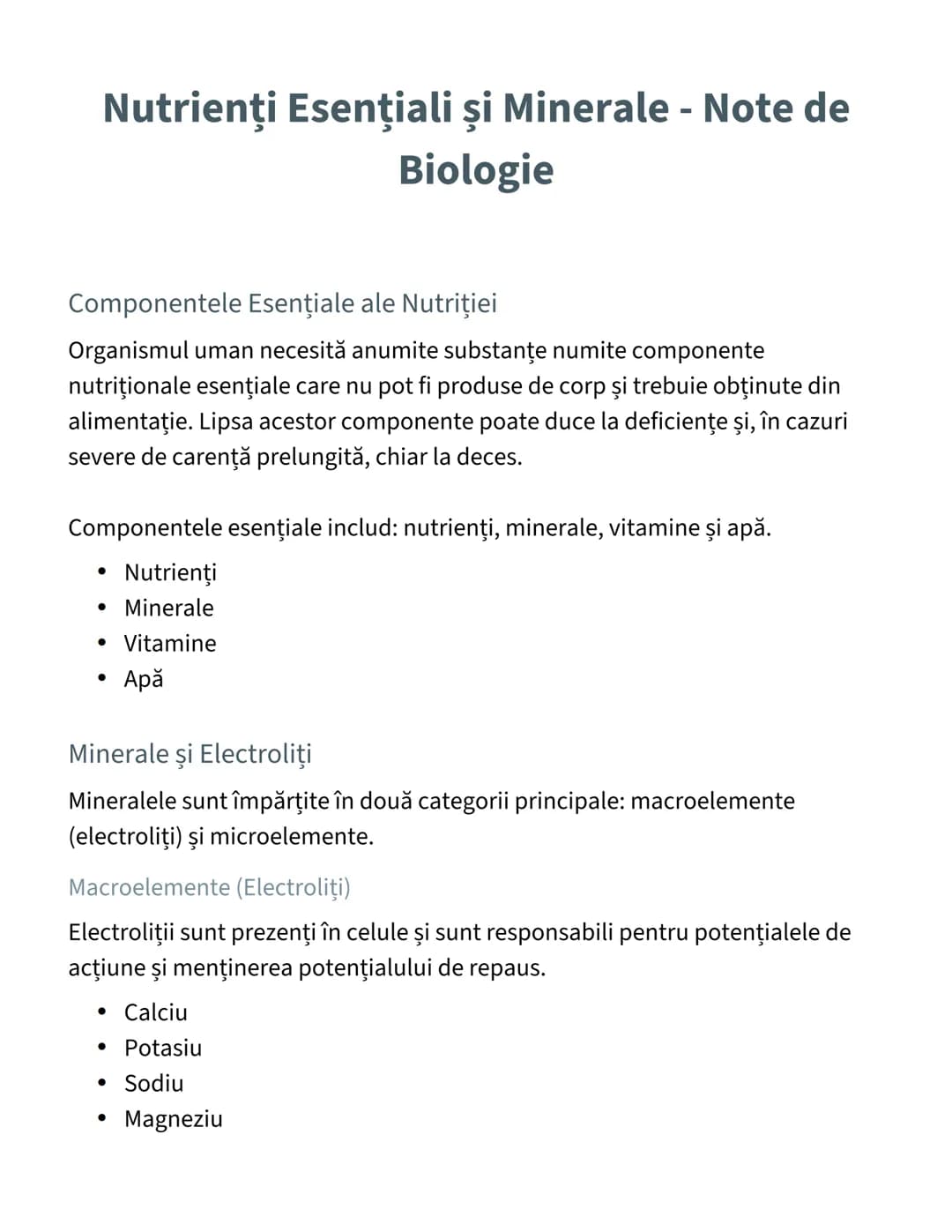 # Nutrienţi Esenţiali şi Minerale - Note de
Biologie

Componentele Esenţiale ale Nutriţiei

Organismul uman necesită anumite substanţe numit