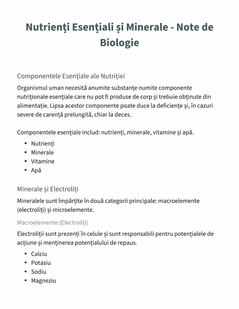 # Nutrienţi Esenţiali şi Minerale - Note de
Biologie

Componentele Esenţiale ale Nutriţiei

Organismul uman necesită anumite substanţe numit