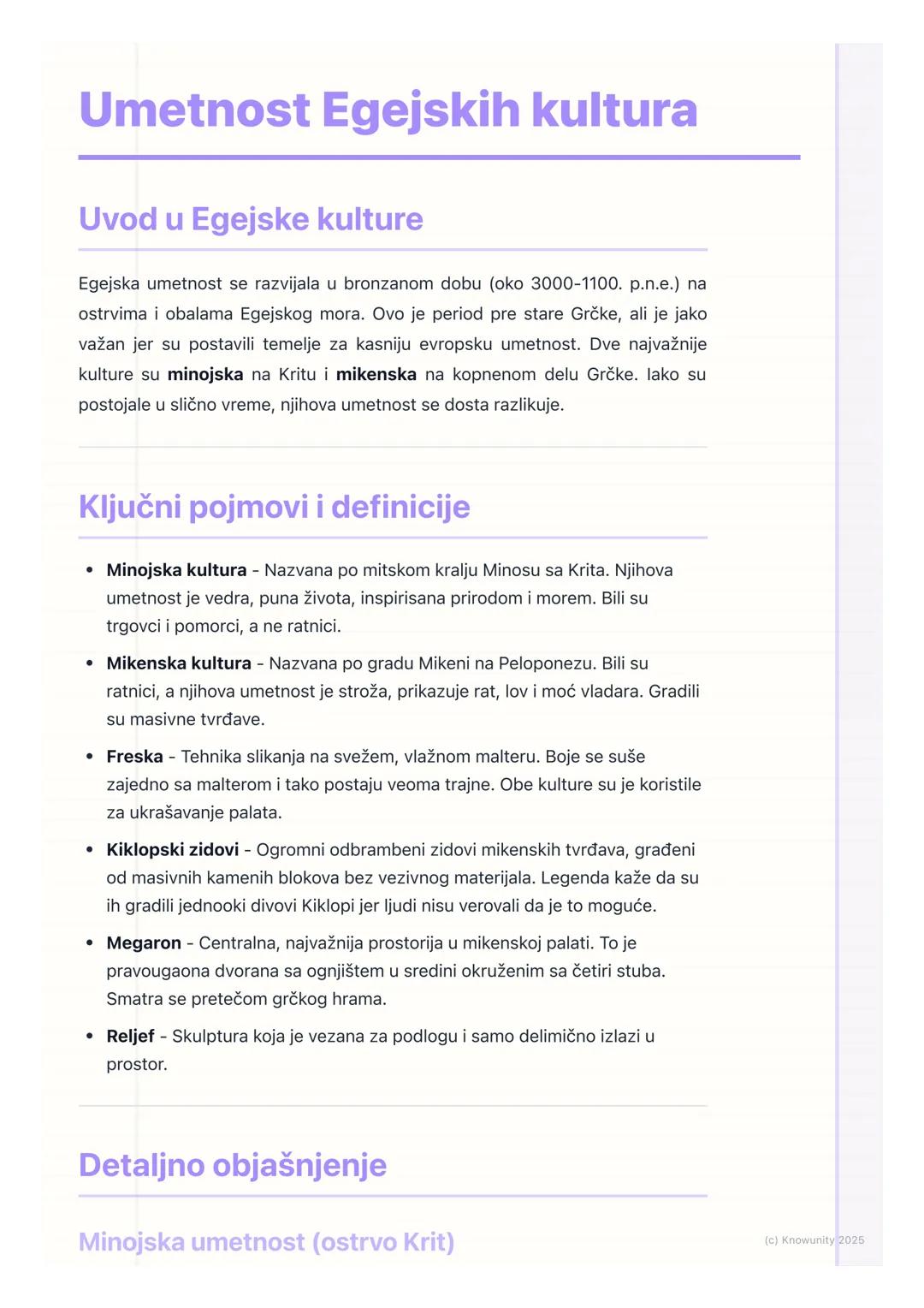 # Umetnost Egejskih kultura

Uvod u Egejske kulture

Egejska umetnost se razvijala u bronzanom dobu (oko 3000-1100. p.n.e.) na
ostrvima i ob