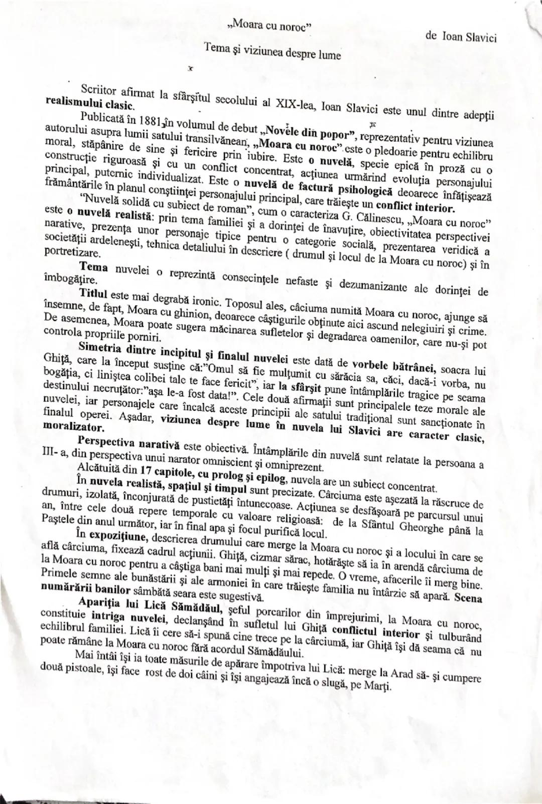 --- OCR Start ---
„Moara cu norос"
Tema şi viziunea despre lume
de Ioan Slavici
Scriitor afirmat la sfârşitul secolului al XIX-lea, Ioan Sla