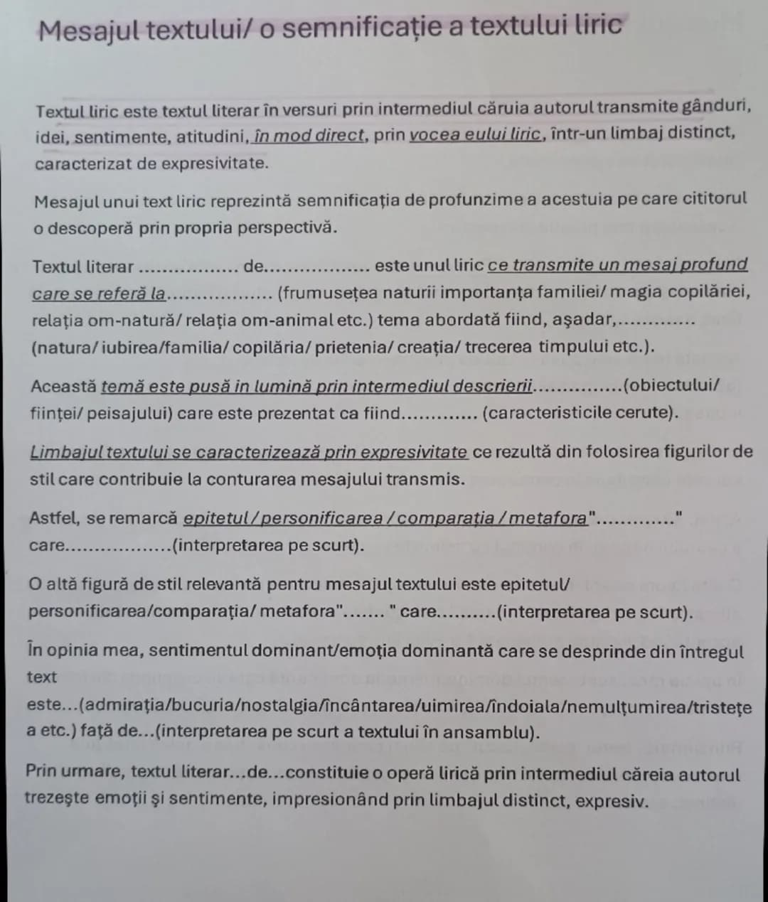 Mesajul textului liric 