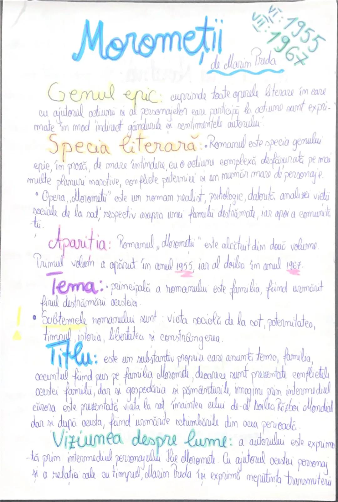 --- OCR Start ---
Morometii
VI: 1955
VIⅡ: 1967
de dlazim Prada
Genul epic: cuprinde toate operele biterare în care
cu ajutorul actiuni si al