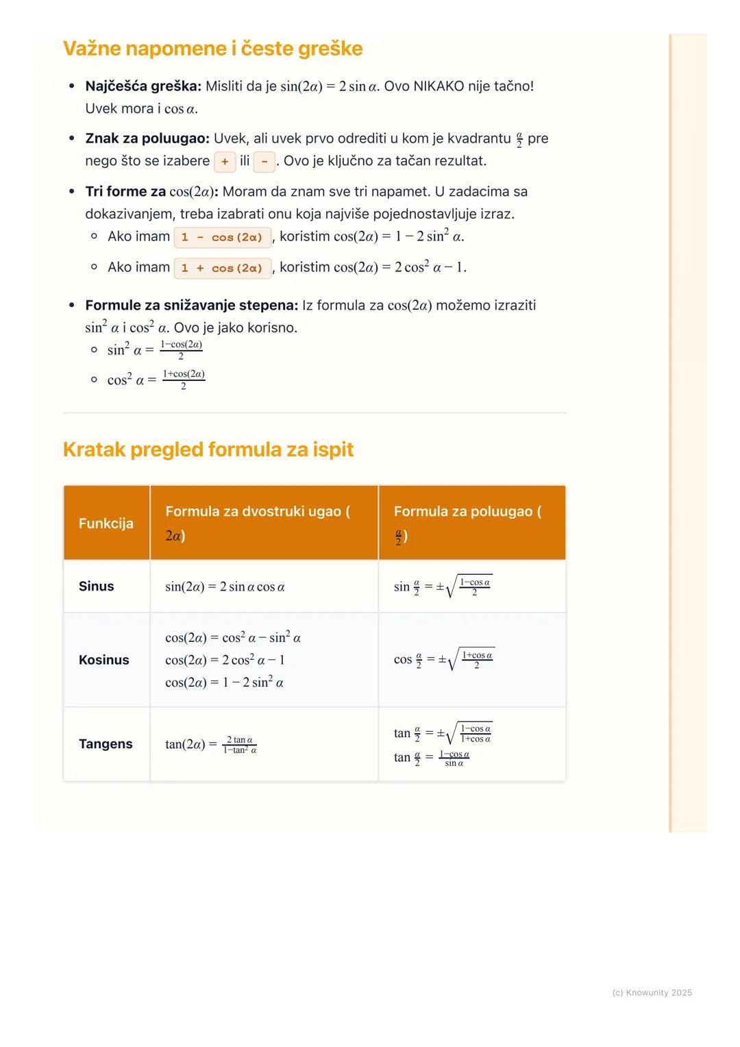 # Formule za dvostruki i
poluugao

Uvod i značaj

Formule za dvostruki i poluugao su izvedene iz adicionih formula. Jako su
važne jer nam om
